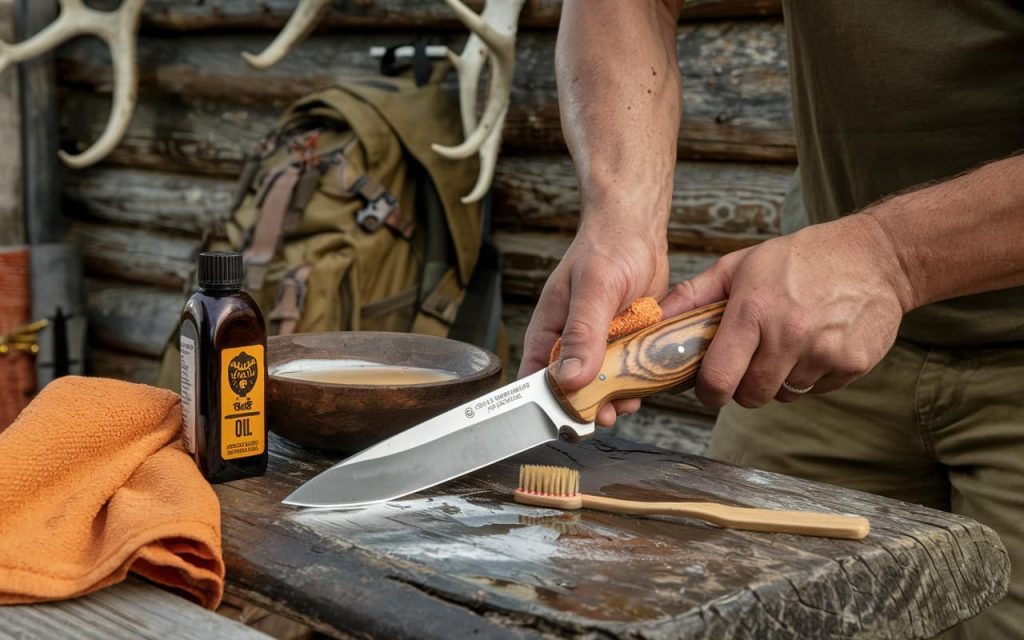 visual of a hunting knife being cleaned on a wooden table with knife oil, microfiber cloth, soapy water, and sheath, set in a rustic cabin setting.