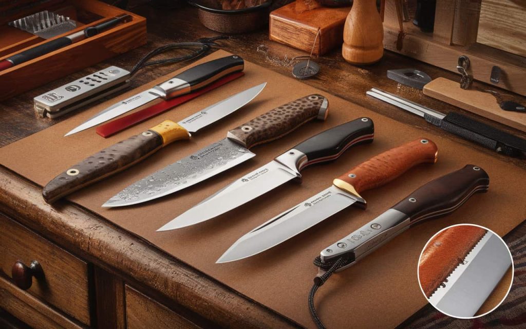 Seven essential knife sharpening techniques for hunters displayed on a wooden workbench, including whetstones and leather strop.