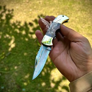Handmade Copper Damascus Folding Pocket Knife with Brass & Wood Handle – EDC Knife