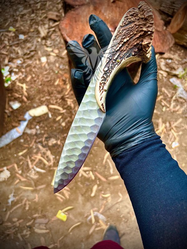 Hand-Forged High Carbon Steel Hunting Knife with Hammered Blade and Antler Handle – Full Tang Outdoor Knife - Image 2