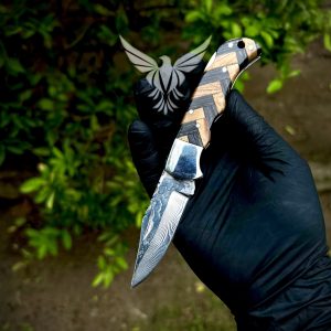 Handmade Stainless Steel Damascus Folding Knife with Mosaic Wood Handle – EDC Pocket Knife